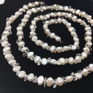 Long Strand Champagne Pearl And Rock Crystal Quartz 36" Necklace Silver Clasp